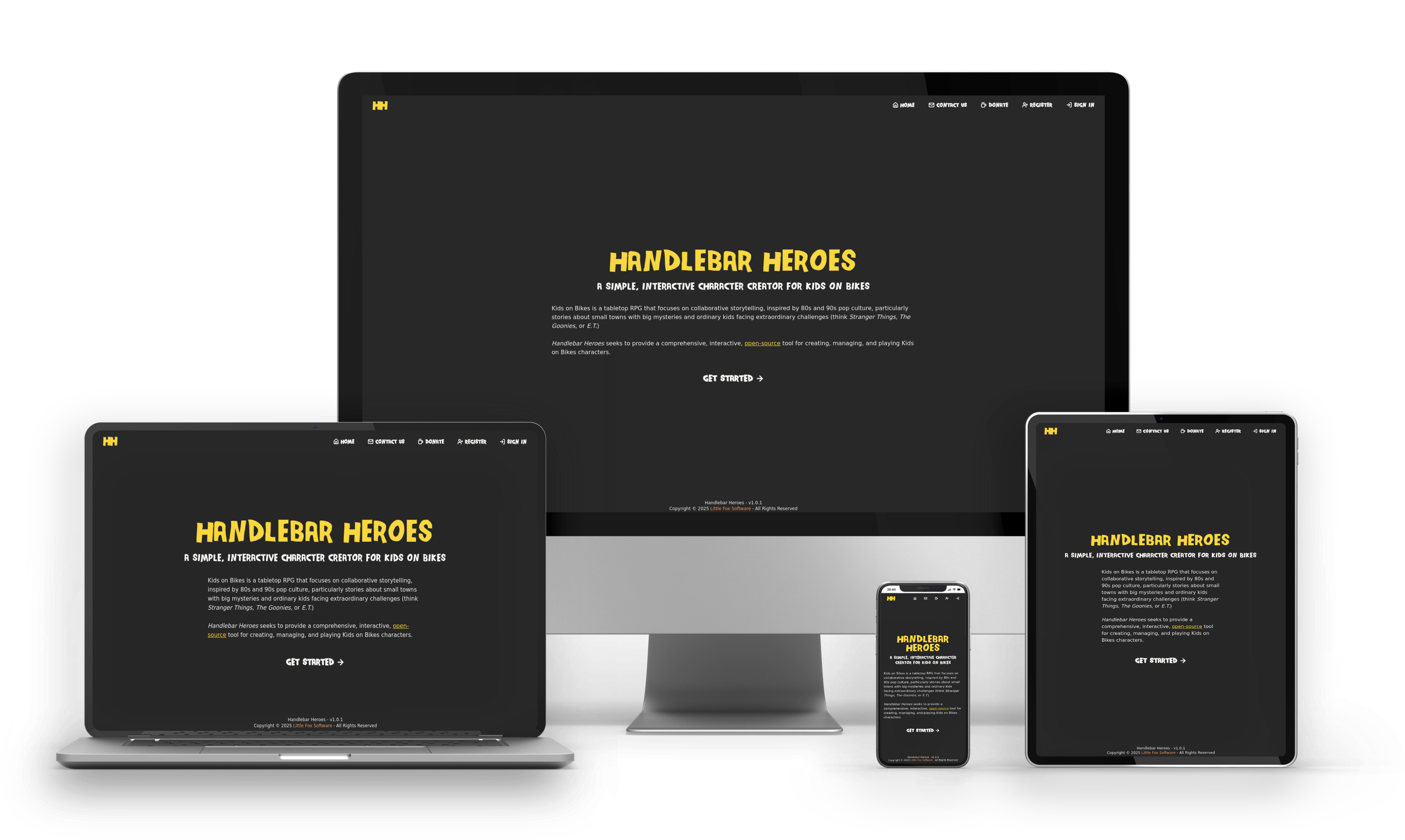 Apple devices displaying the Handlebar Heroes website.